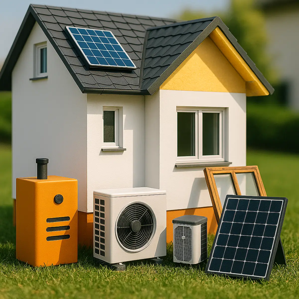 Grafik mit typischen Fördermaßnahmen: Heizung, Dämmung, Fenster, Wärmepumpe